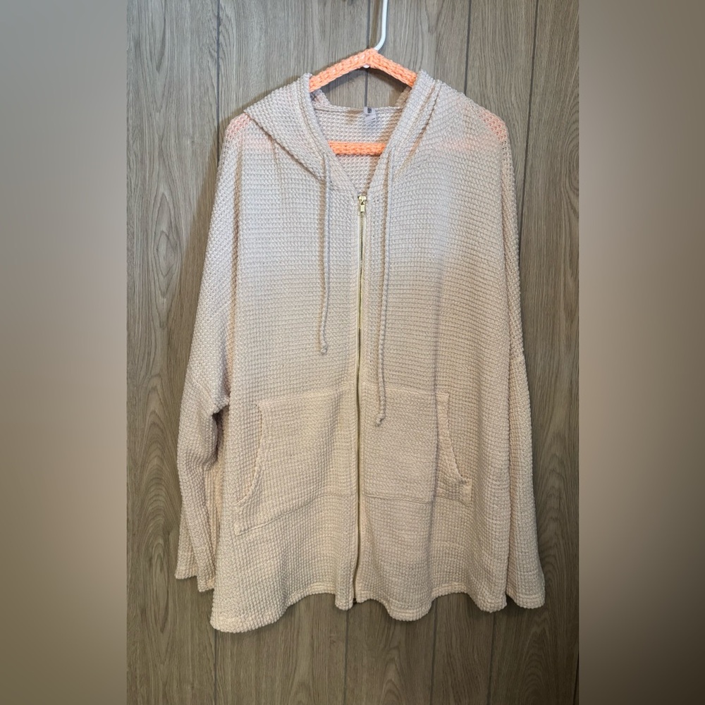 Cream over size Hooded Zip-Up Sweater